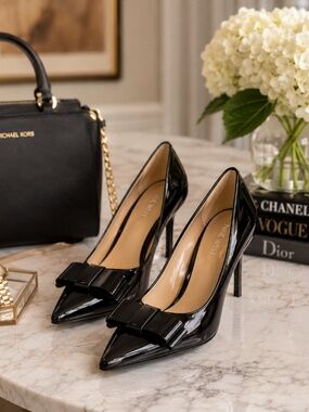 Nine West Black Patent Bow Heels Size 7M – Pointed Toe Stiletto Pumps